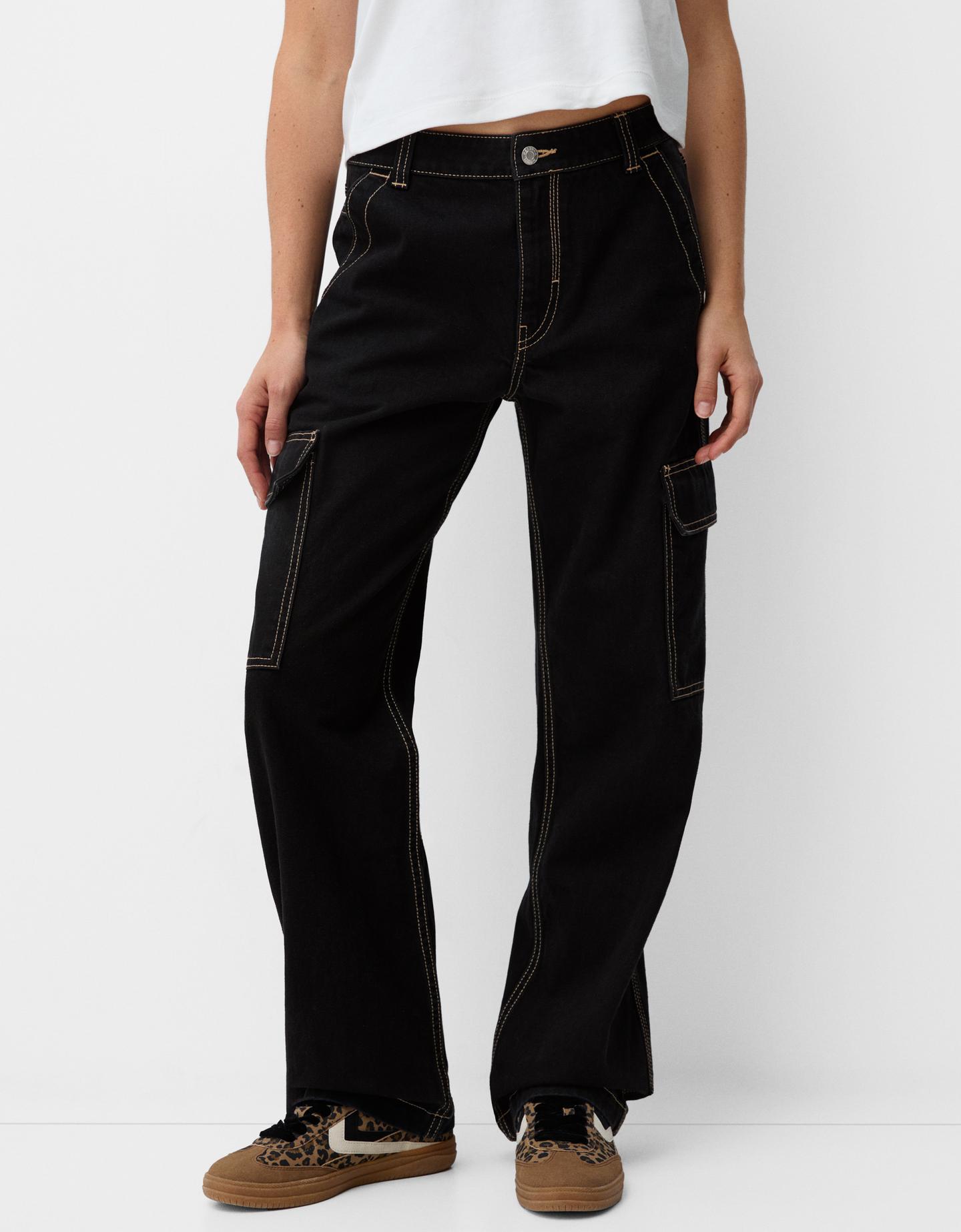 Bershka Jeans Straight Cargo Donna 46 (Eu 42) Nero