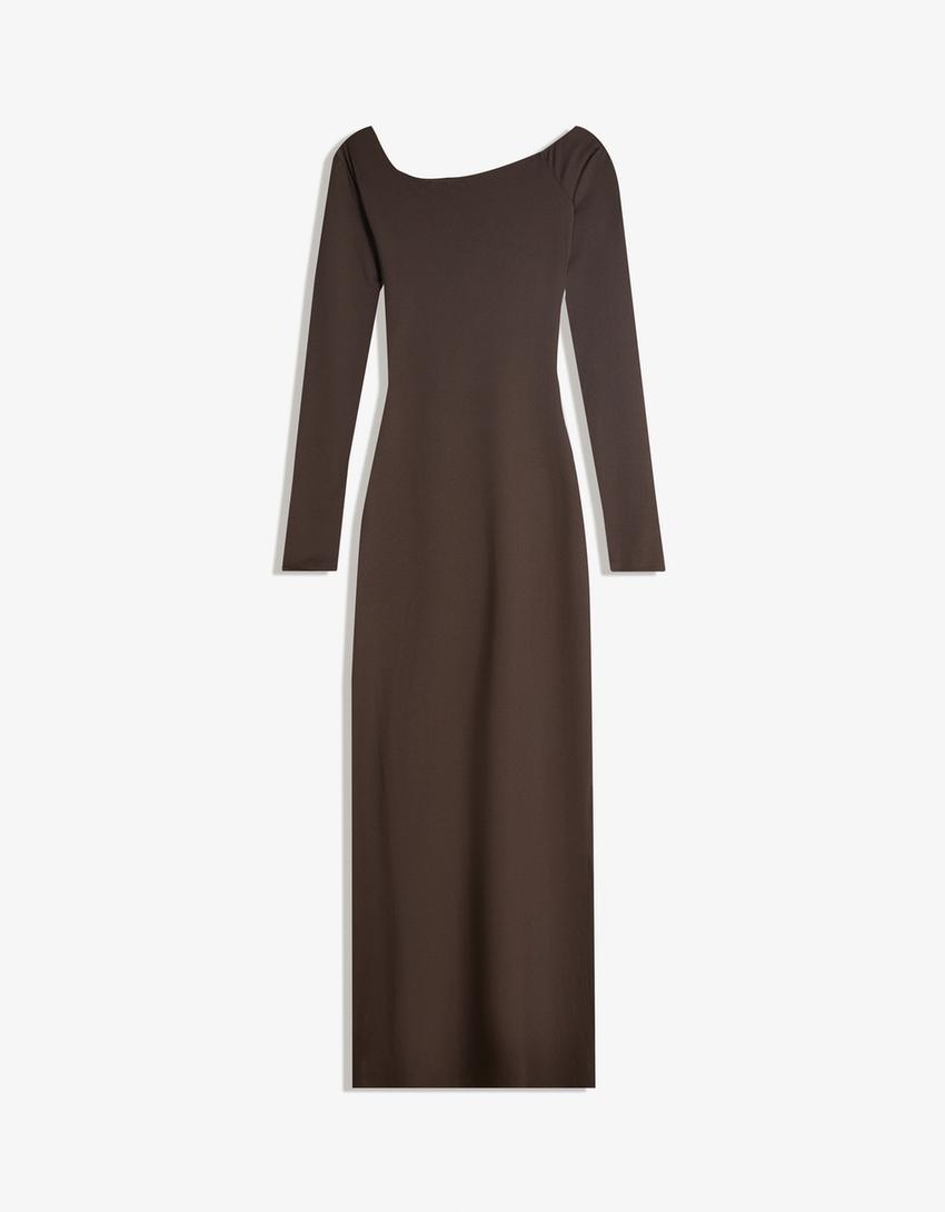 Asymmetric long sleeve midi dress-Brown