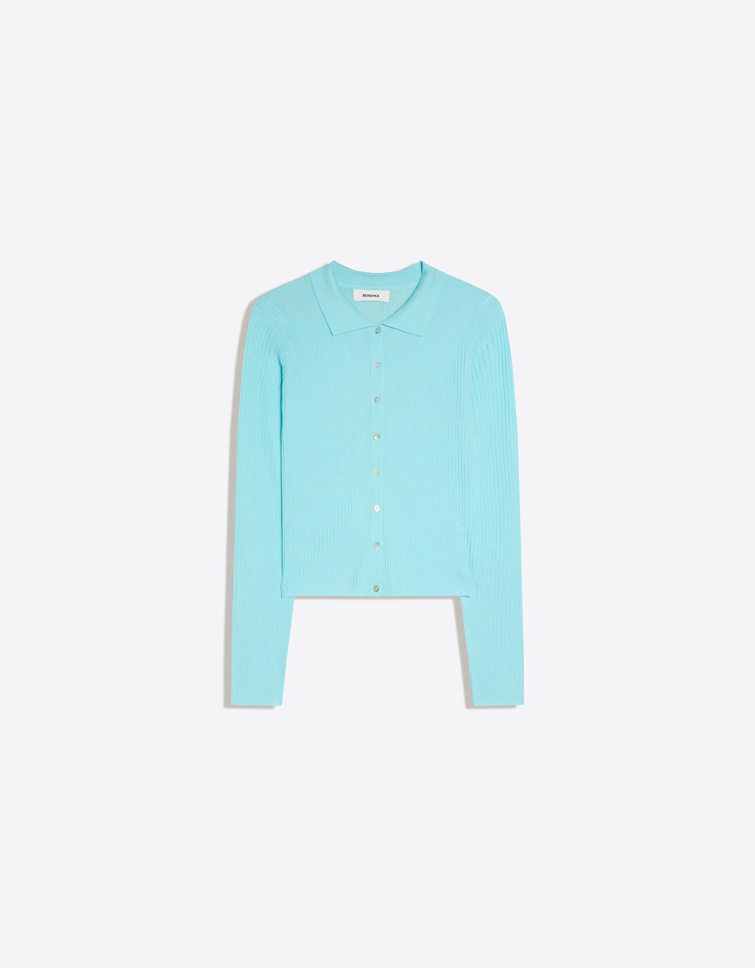 Fine knit polo collar cardigan — Light blue