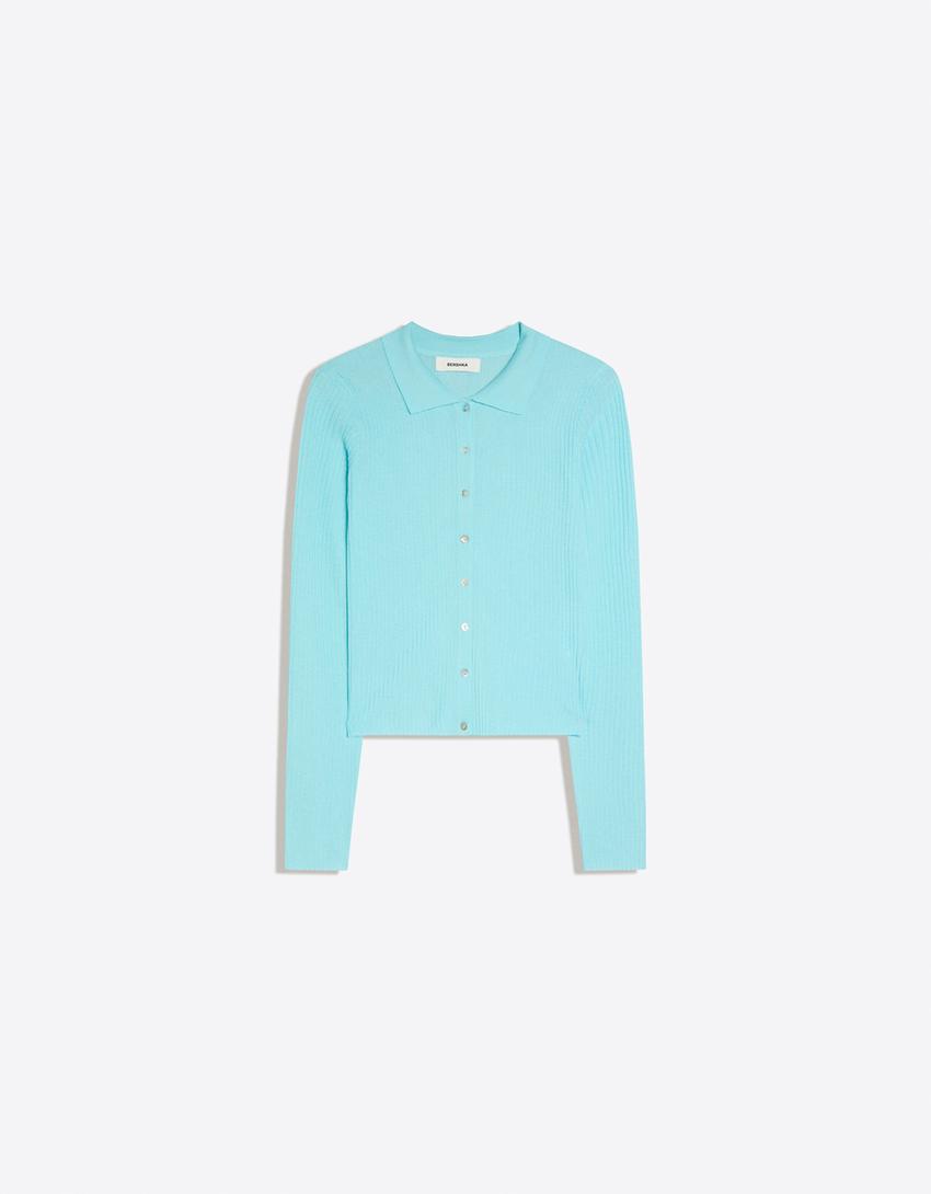 Chaqueta punto fino cuello polo-Azul Claro