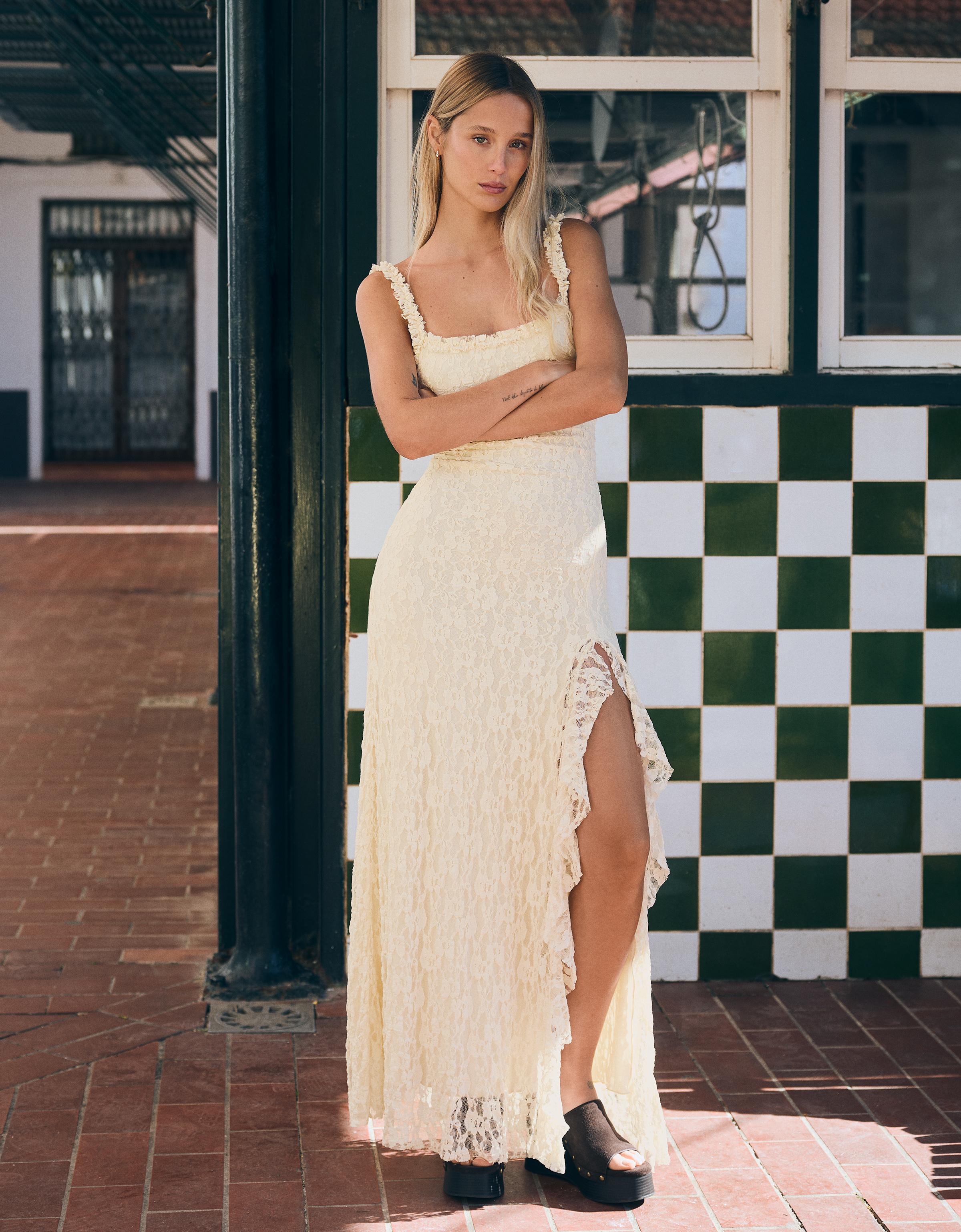 Bershka Vestido Midi Encaje Mujer Crudo