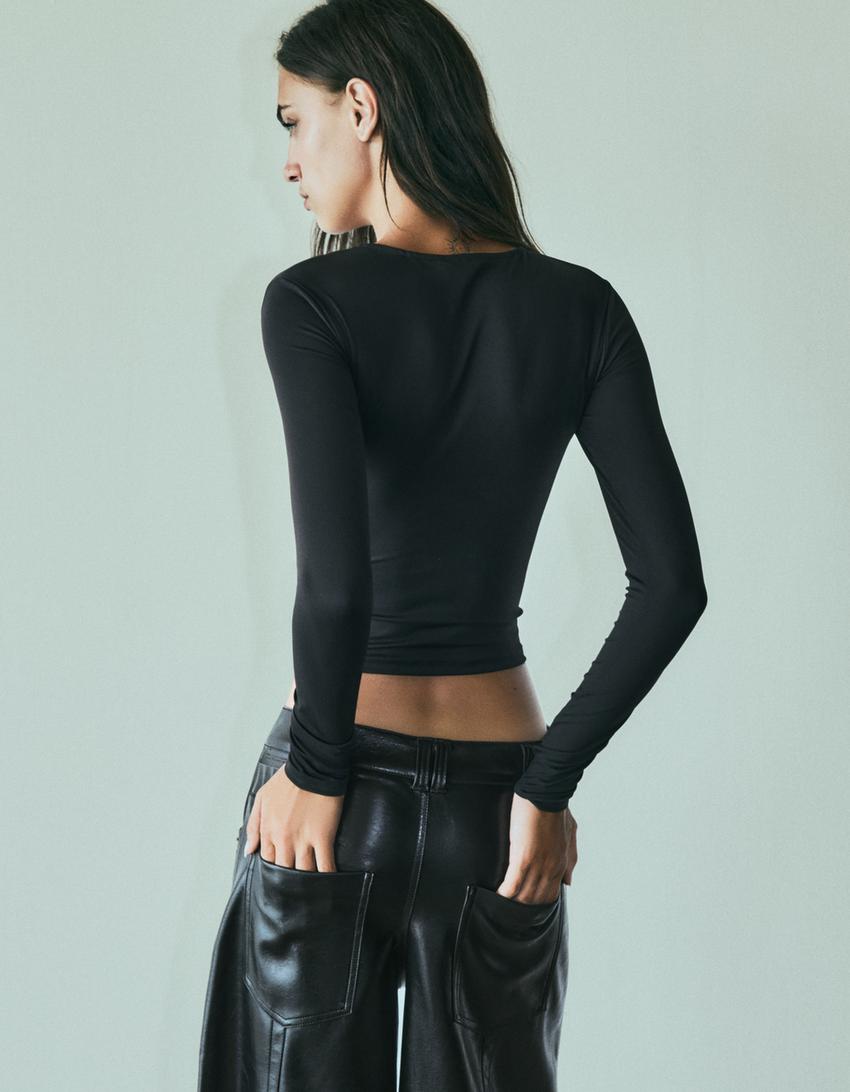Polyamide cut out T-shirt-Black