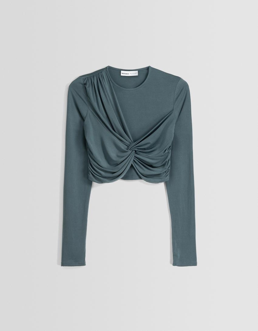 Long sleeve T-shirt with front knot-Turquoise