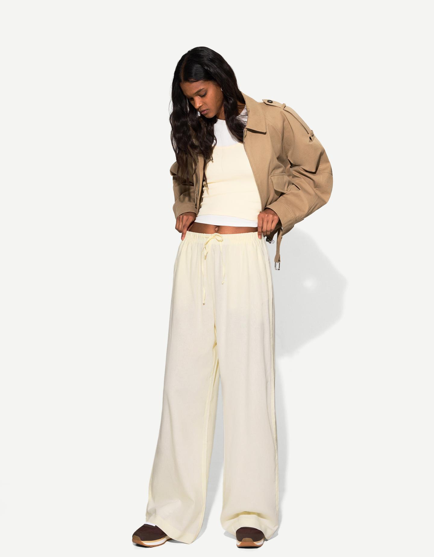 Bershka Pantalón Con Lino Goma Cintura Mujer 10-12 Amarillo