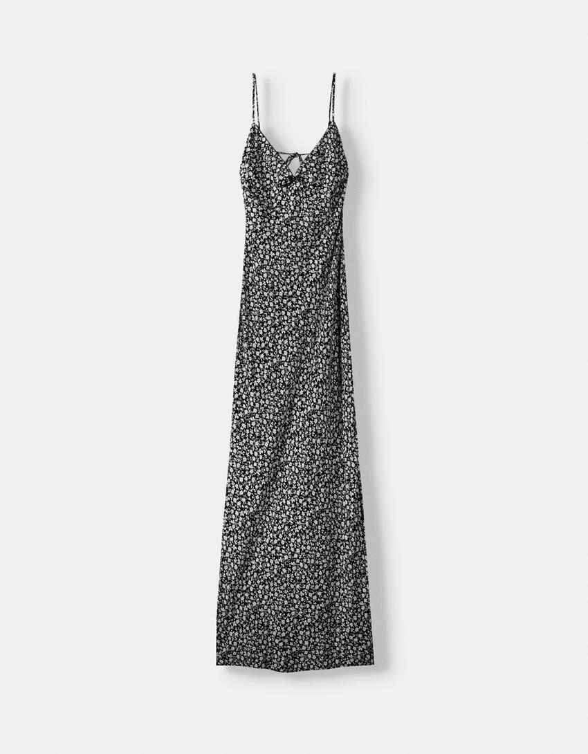 Long strappy print dress with lace trim neckline-White / Black