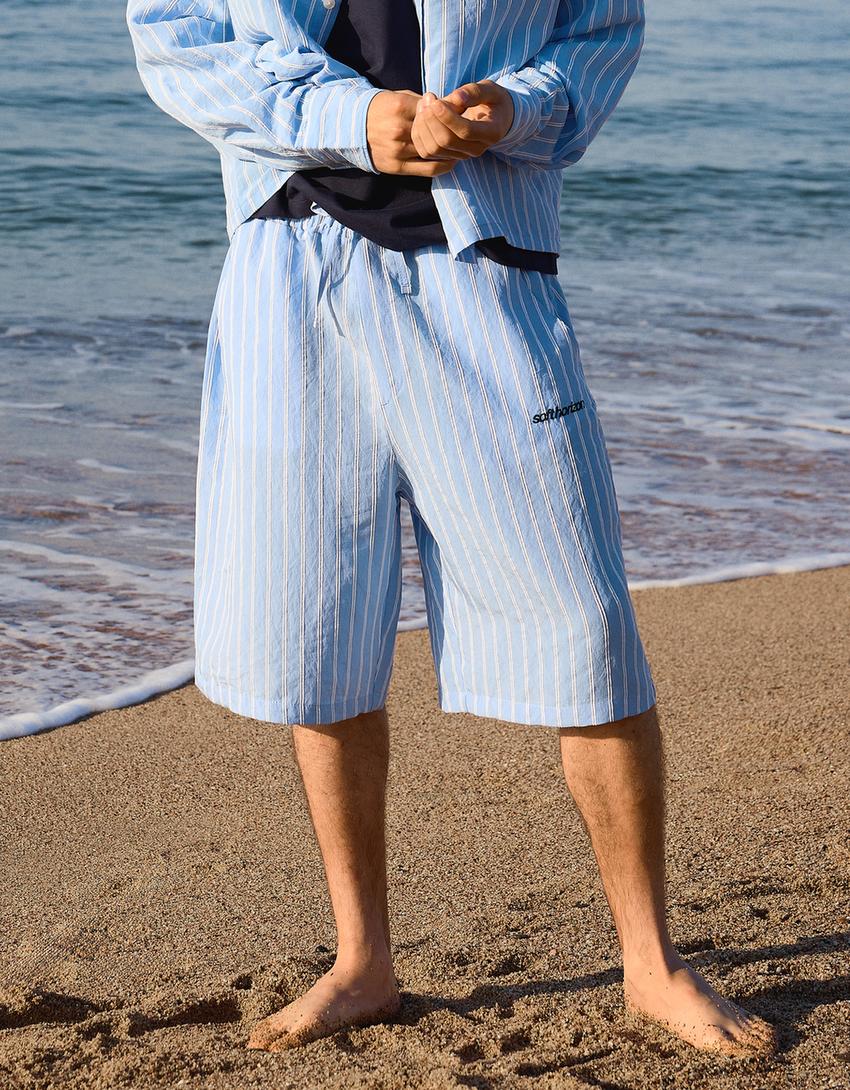 Süper baggy fit çizgili bermuda-Açık mavi