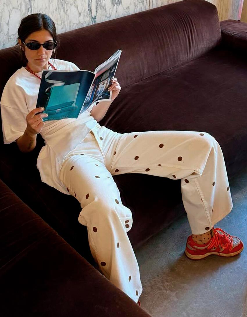 Polka dot wide-leg jeans-Cream