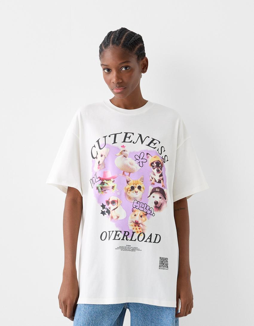 T-shirt Bershka Wearable Art oversize fit com estampado-Gelo-1