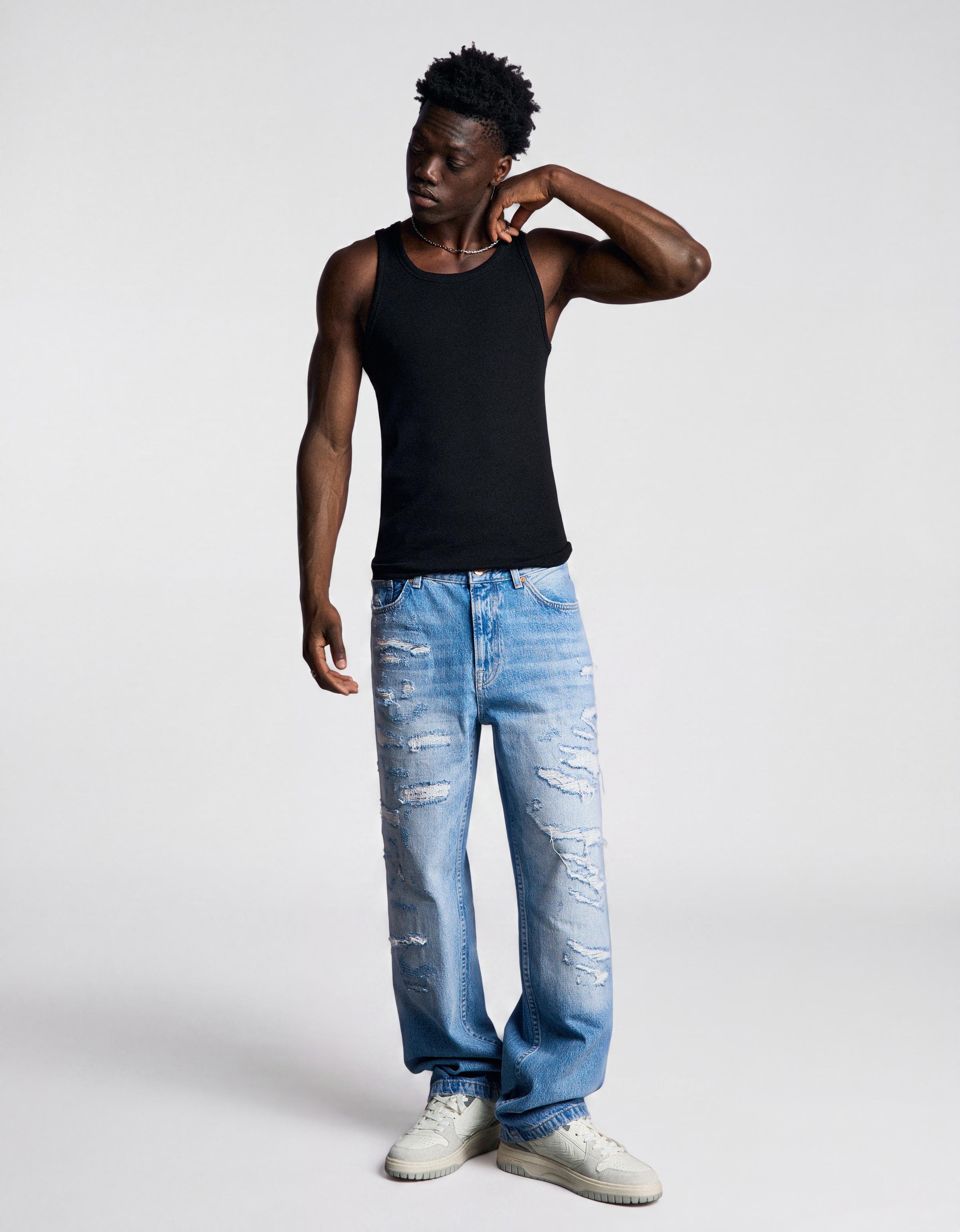 Ripped straight wide leg jeans — Light blue