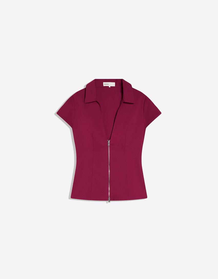 Short sleeve zip shirt-Maroon