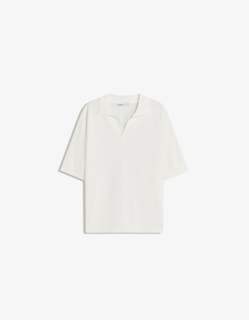 Polo texturé en tissu éponge-Blanc cassé-4