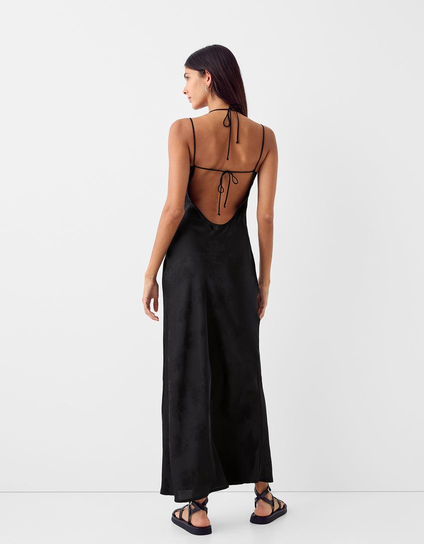 فستان ساتان جاكار طويل-أسود-2