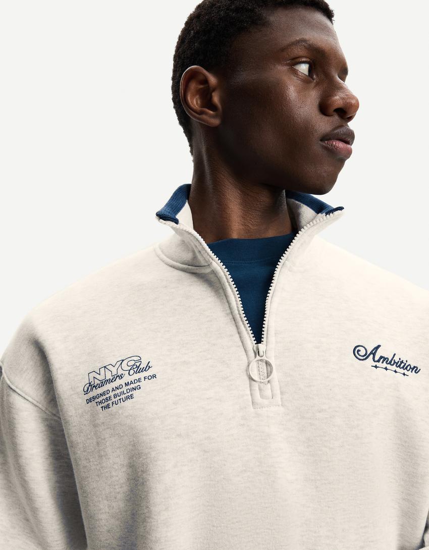 Baskılı fermuarlı sweatshirt-Gri-2