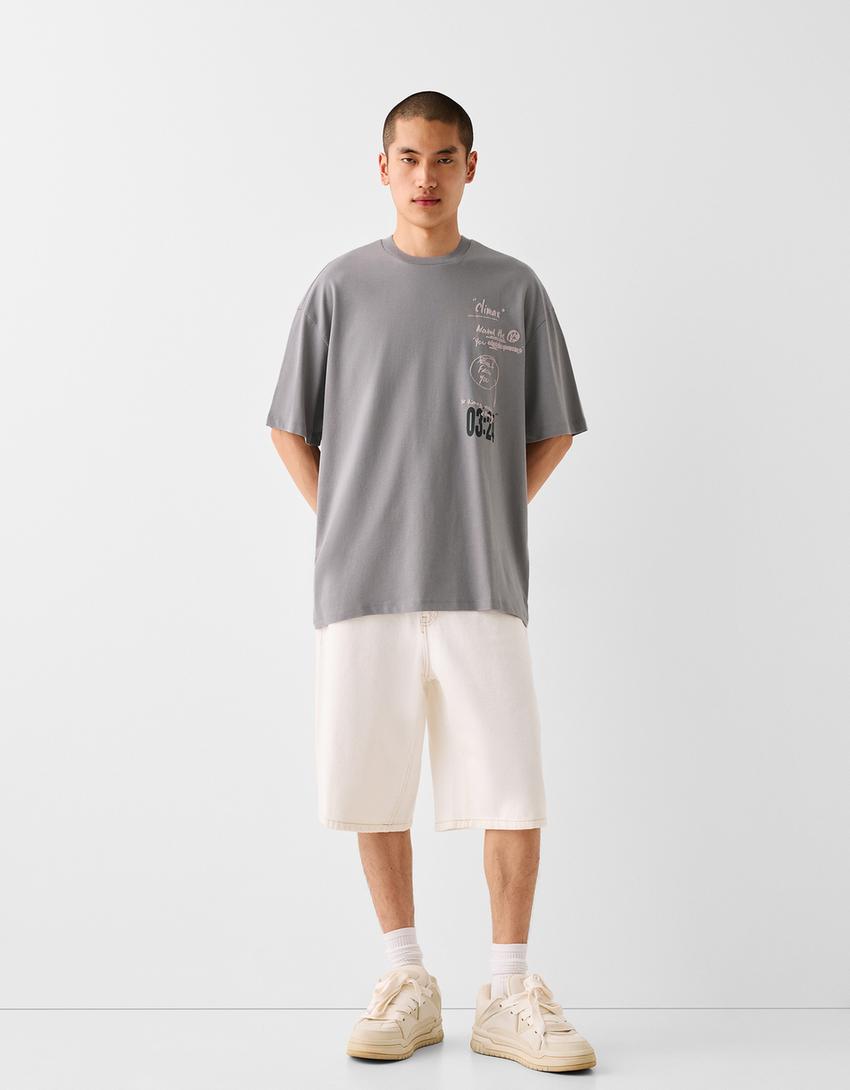 T-shirt boxy manches courtes imprimé-Gris-3
