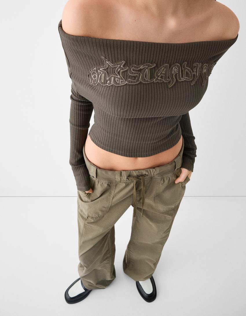 Embroidered long sleeve off-the-shoulder sweater-Dark grey