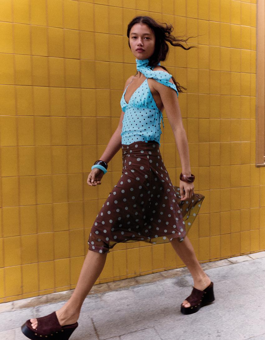 Asymmetric polka dot midi skirt-Brown