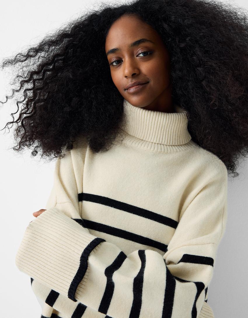 Striped high neck sweater-Cream-2