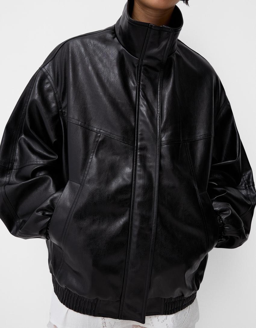 Oversize suni deri ceket-Siyah-5