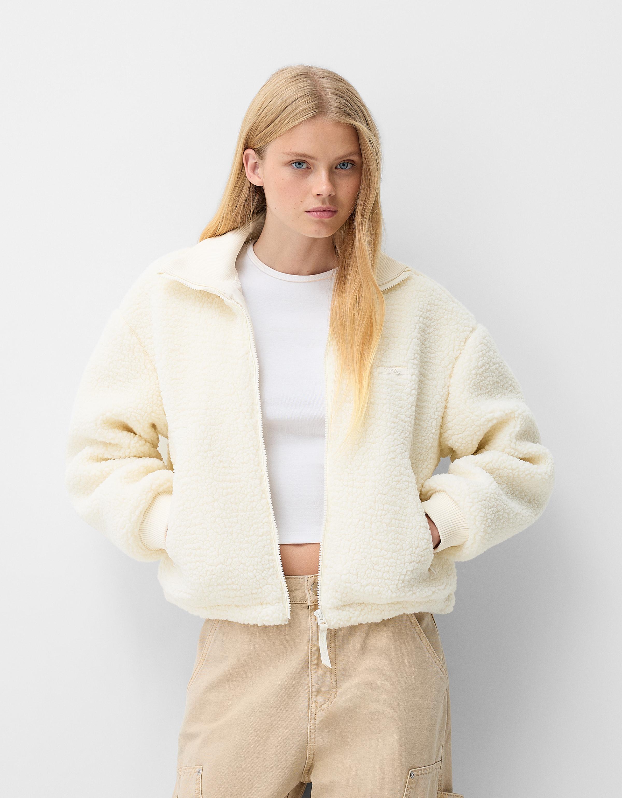 Embroidered faux shearling jacket Women Bershka