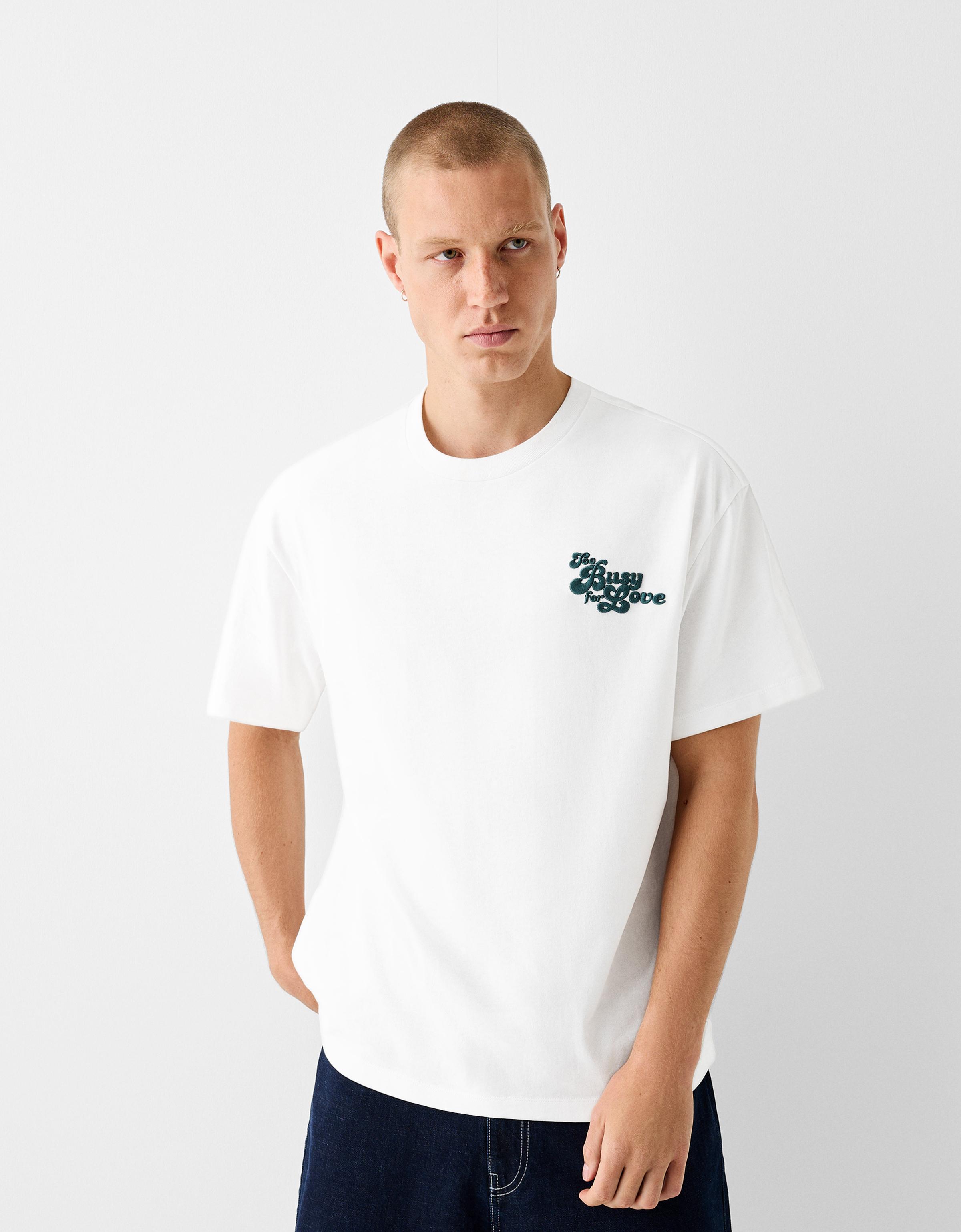 Bershka T-Shirt Im Boxy-Fit Mit Stickerei Herren L Weiss