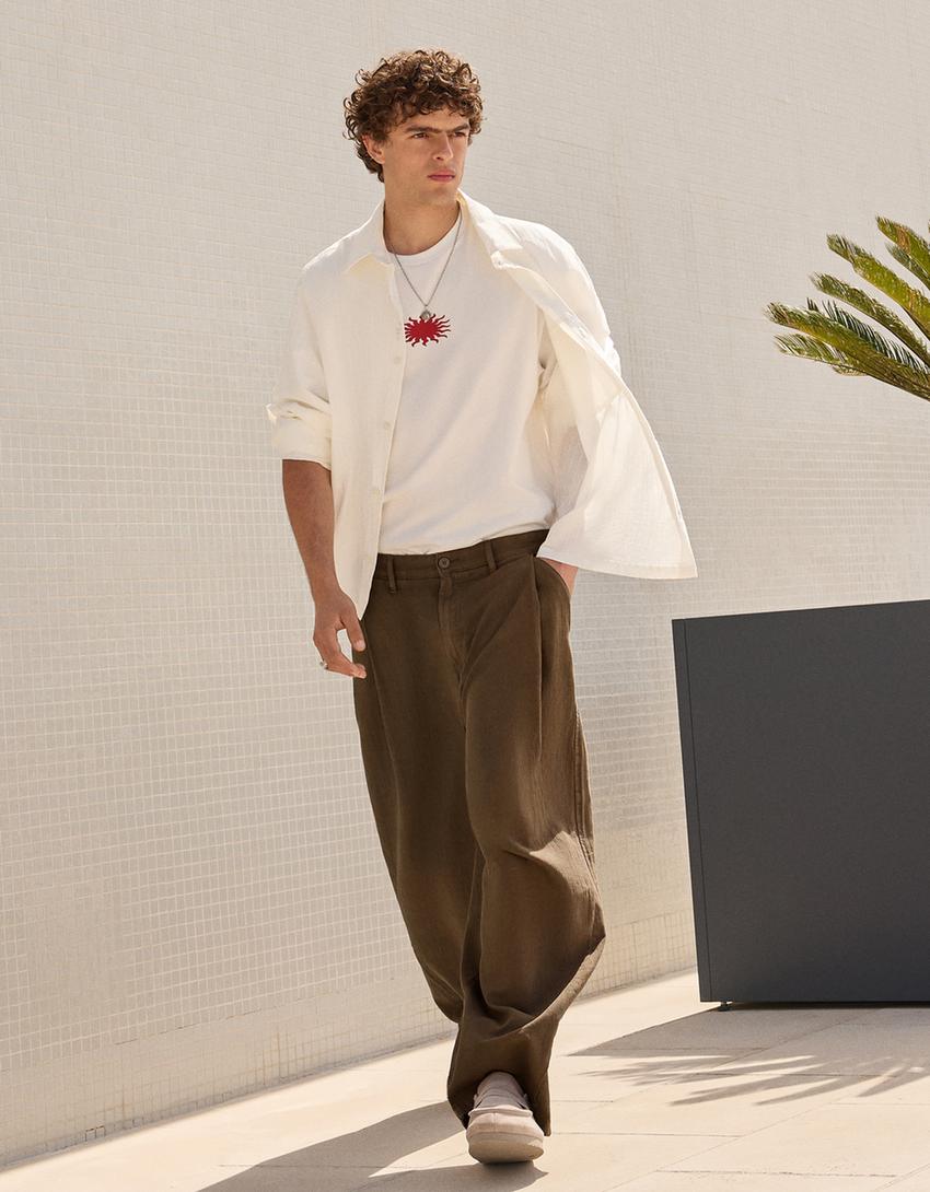 Pantalón super baggy con liño-Marrón