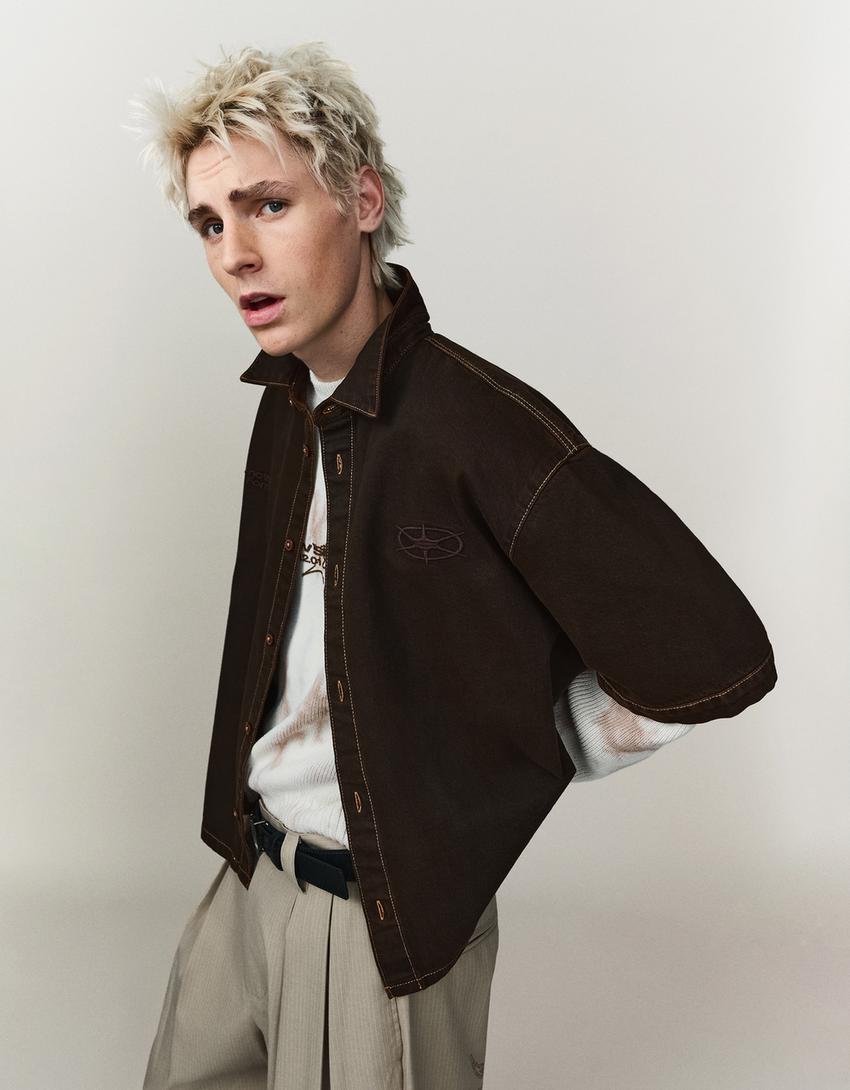 Embroidered boxy fit shirt-Brown