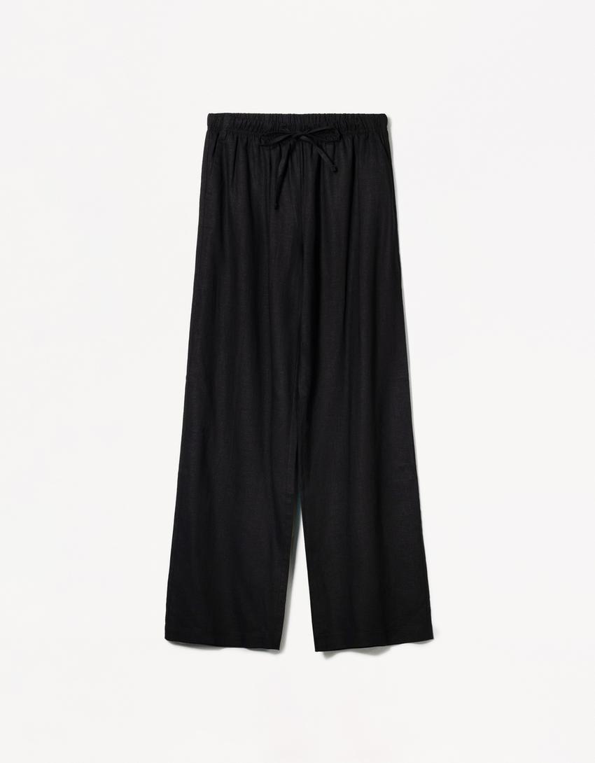 Linnenmix broek met elastische tailleband-Zwart