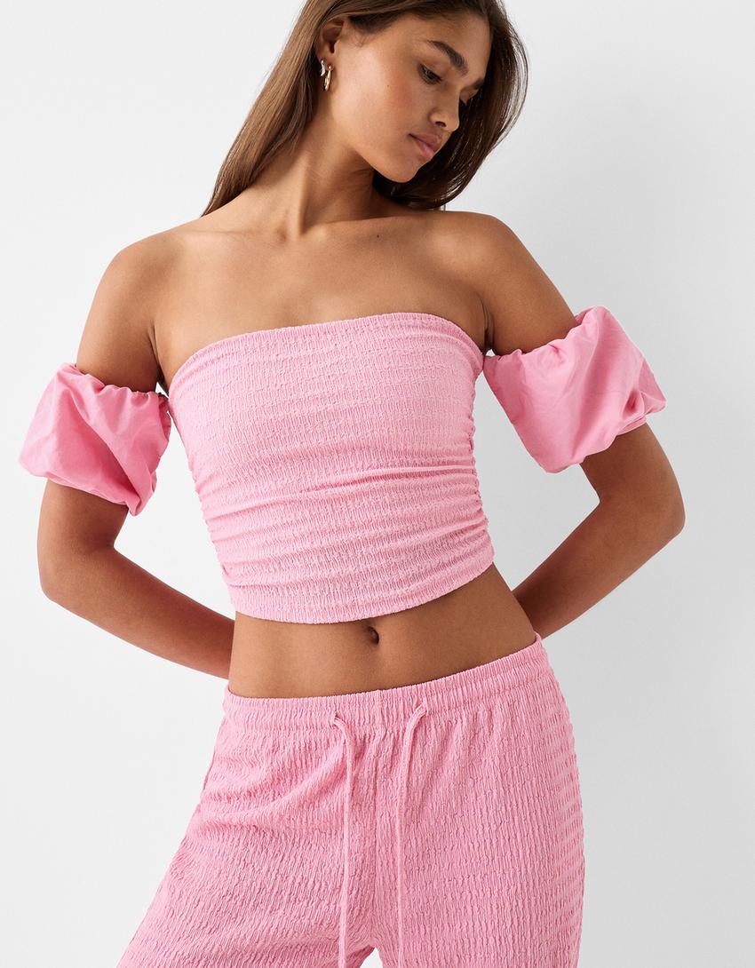 Poplin sleeve chenille top-Pink-2