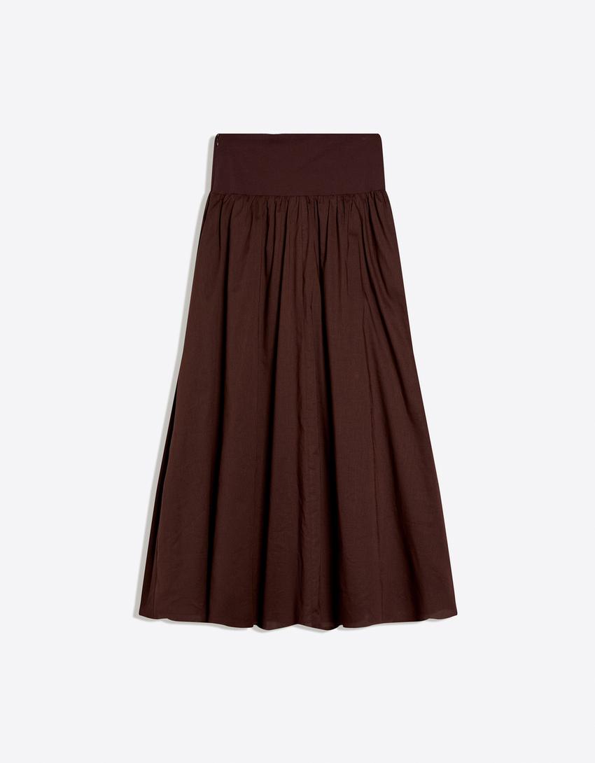 Jupe midi à ceinture-Marron