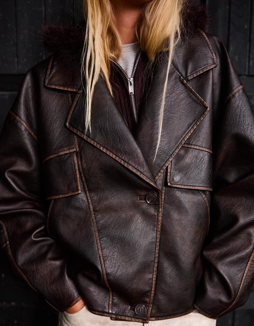 Veste en similicuir à revers-Marron