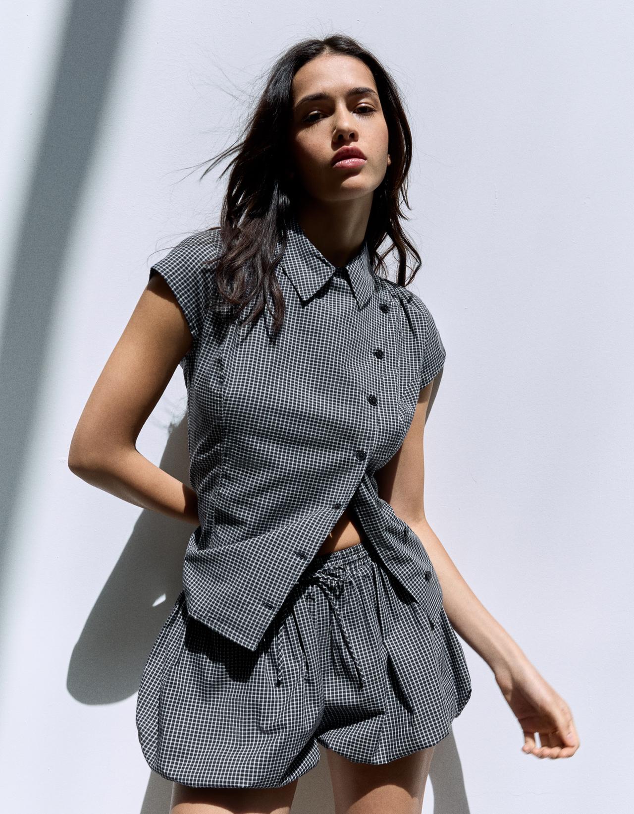 Short sleeve cross-button shirt — Navy