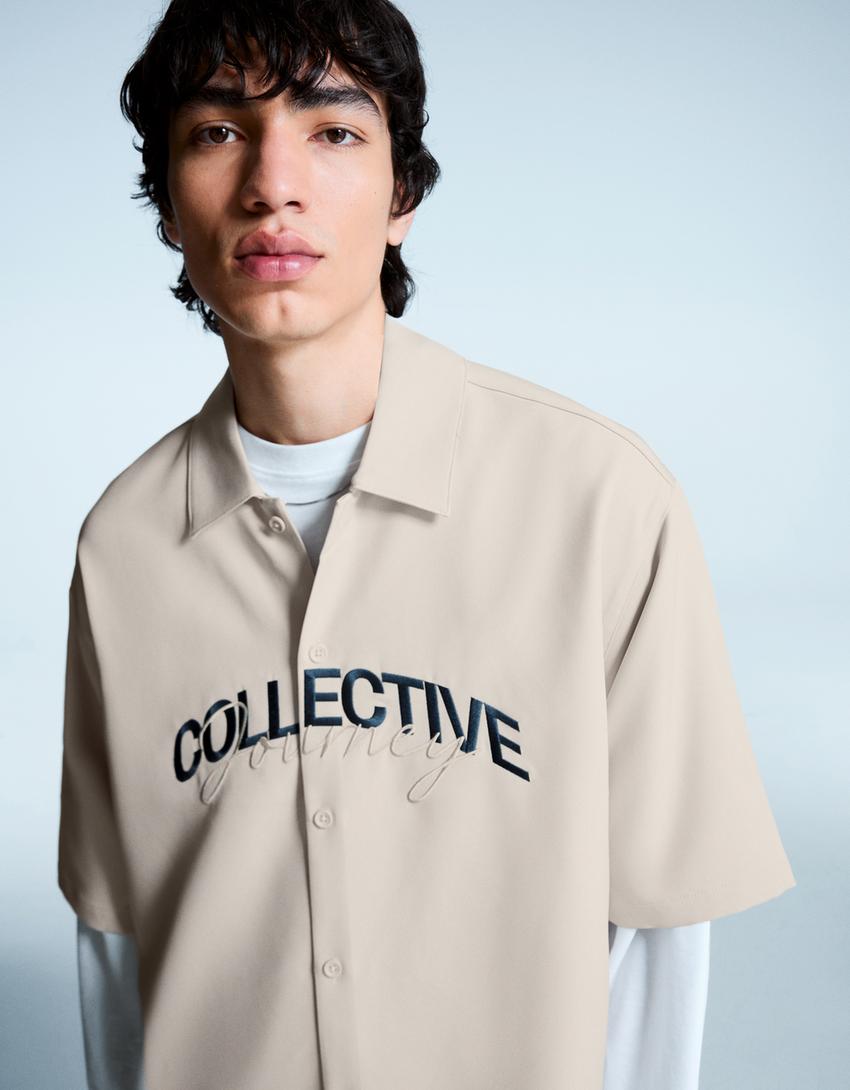 Tailored boxy fit shirt with embroidery-Cream