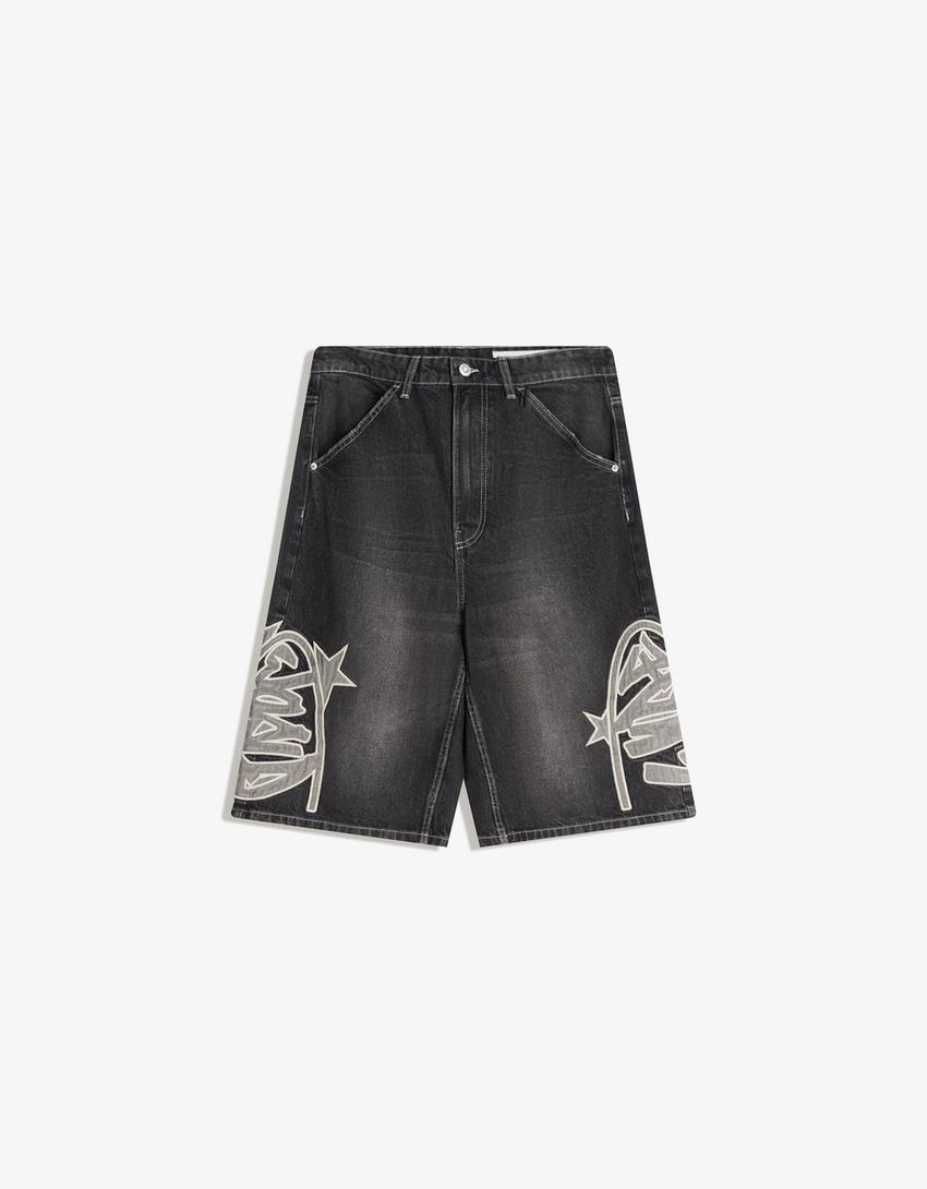Bermuda denim parches-Negro