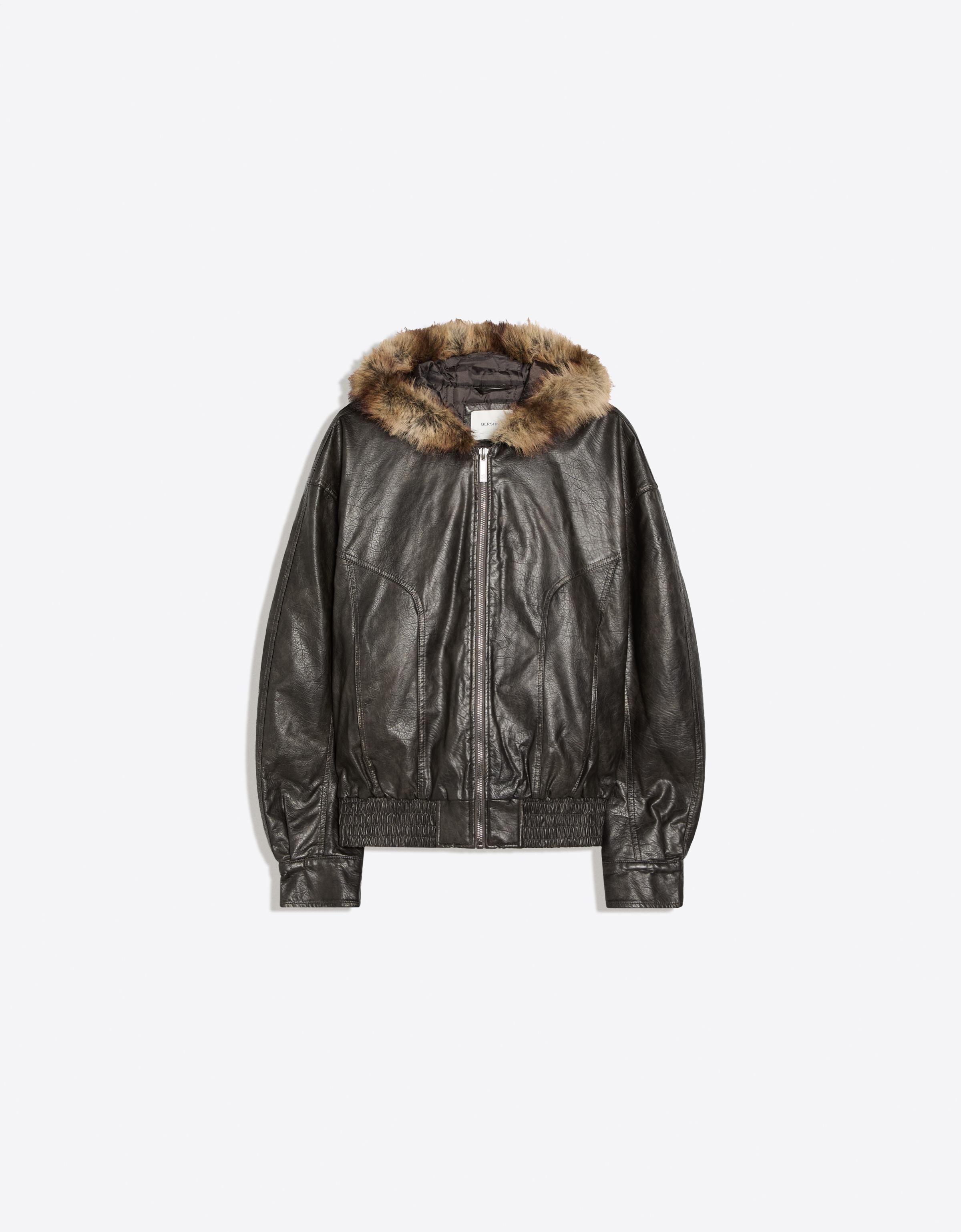 Leather effect jacket with faux fur hood — Brown