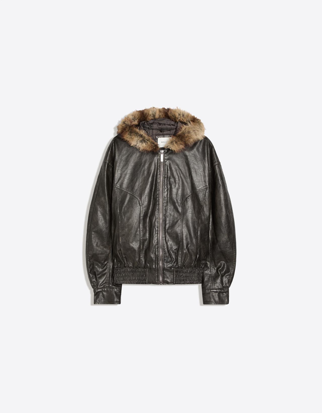 Leather effect jacket with faux fur hood — Brown