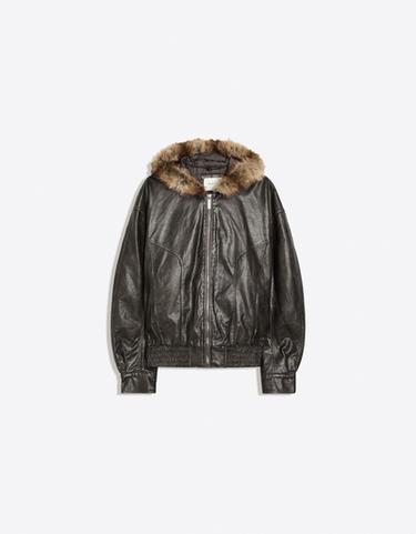 Leather effect jacket with faux fur hood — Brown 5