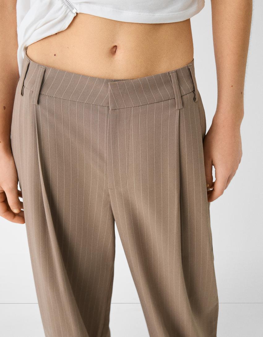 Calças wide leg com pinças-Bege escuro-6