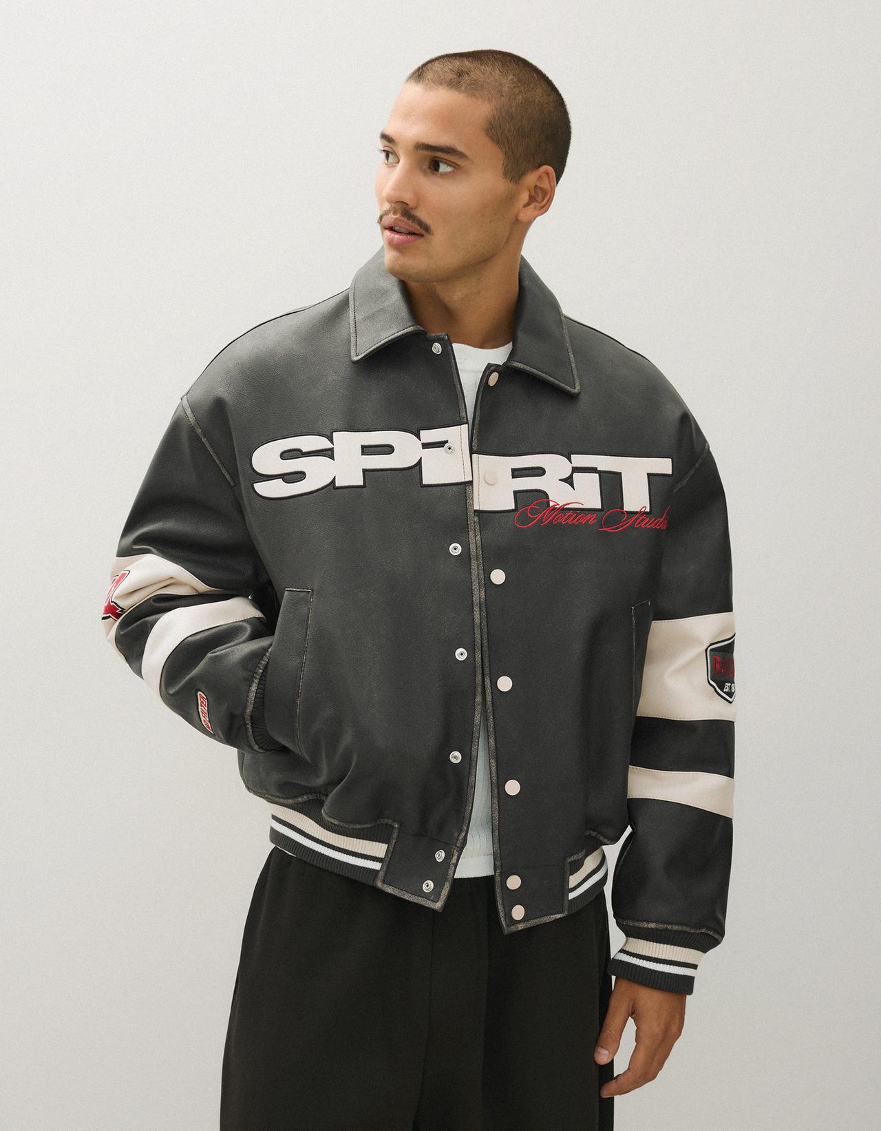 Graphic leather effect jacket — Black