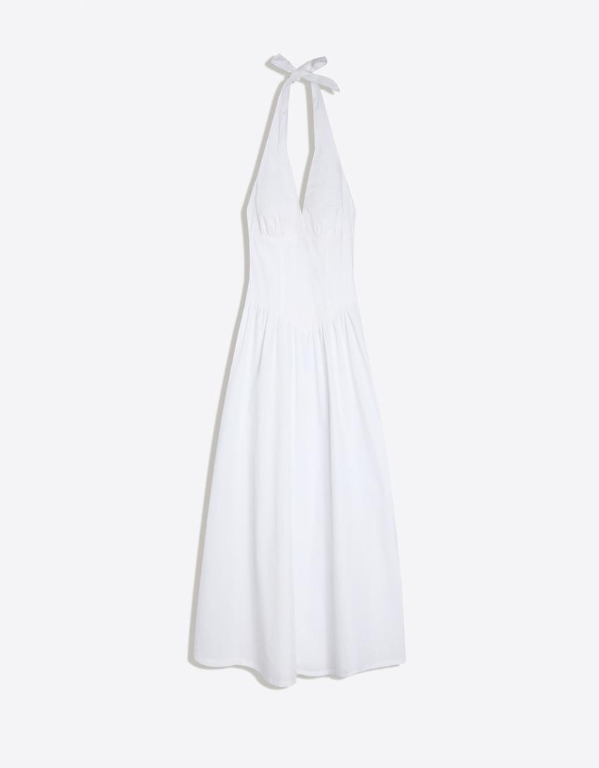 Vestido largo halter popelín-Blanco