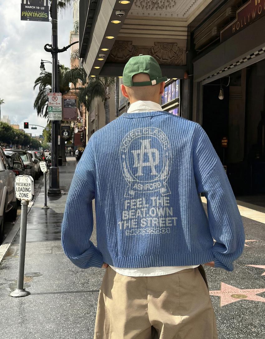 Printed boxy fit crew neck sweater-Blue