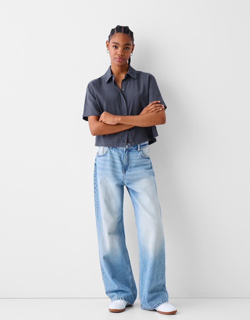 قميص ريفي بملمس بارز وأكمام قصيرة-رمادي-3