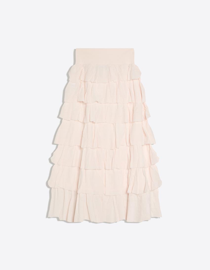 Saia midi rústica com babados-Rosa