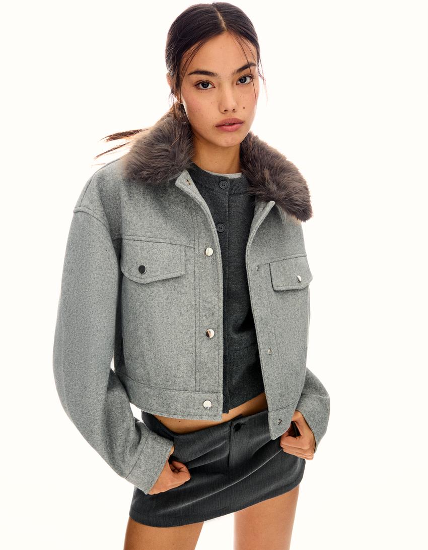 Cazadora soft trucker cuello pelo-Gris-2