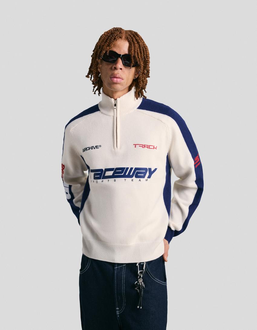 Pull col zippé imprimé-Blanc cassé