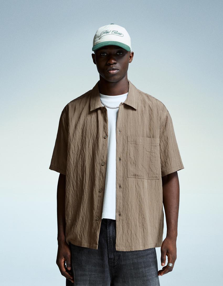 Textured striped short sleeve shirt-Sand