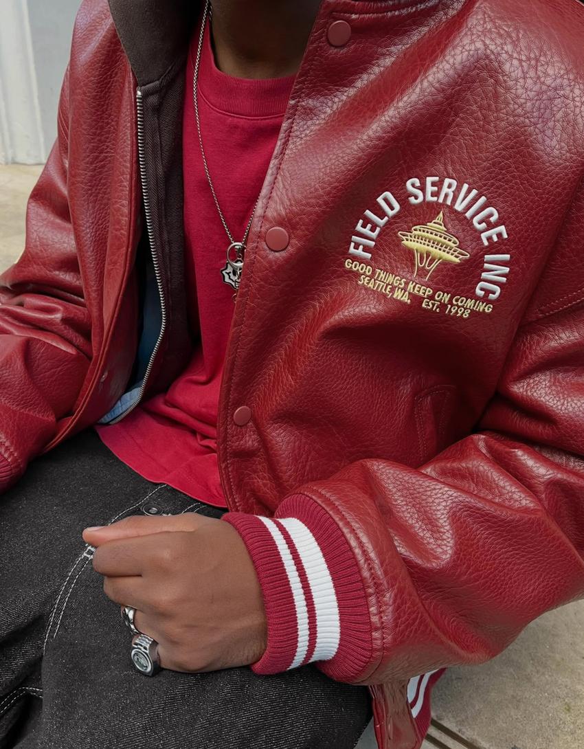 Blouson bomber similicuir imprimé-Rouge