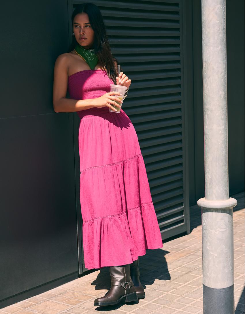 Flared bandeau neckline midi dress-Fuchsia-2