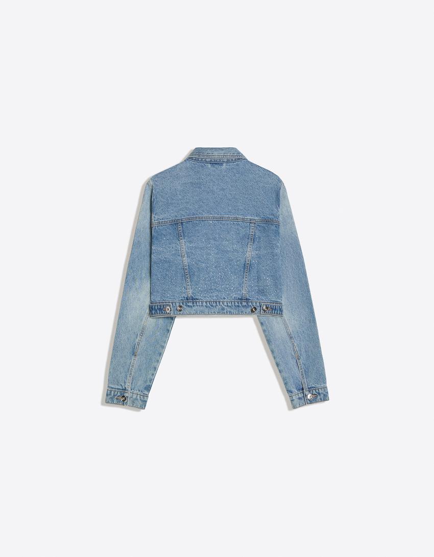Işıltılı crop denim ceket-Açık mavi