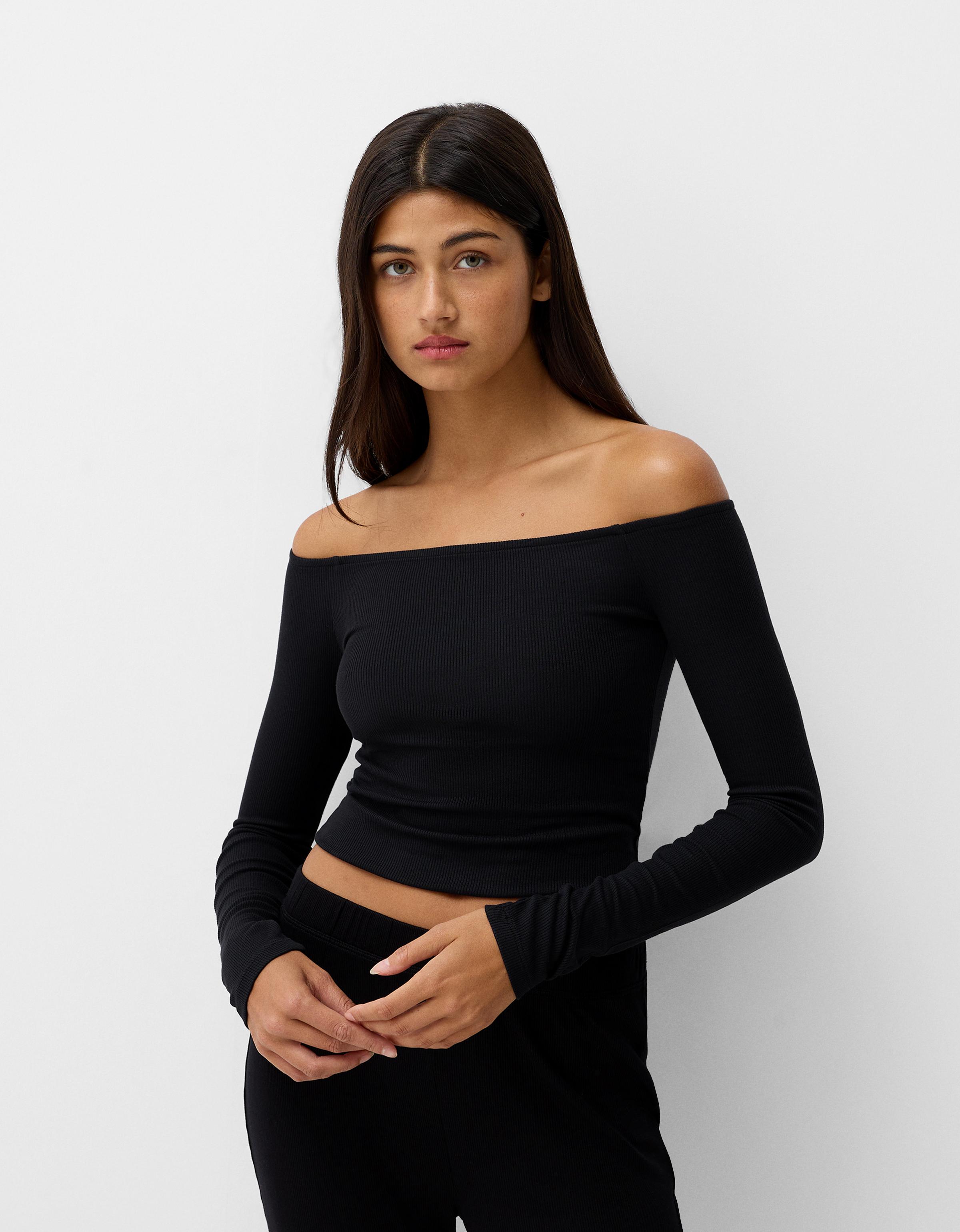 Bershka Shirt Mit Langen Ärmeln Und Carmen-Ausschnitt Damen M Schwarz