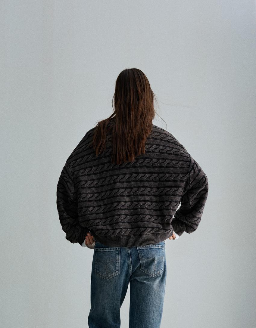 Embroidered cable-knit sweater-Dark grey
